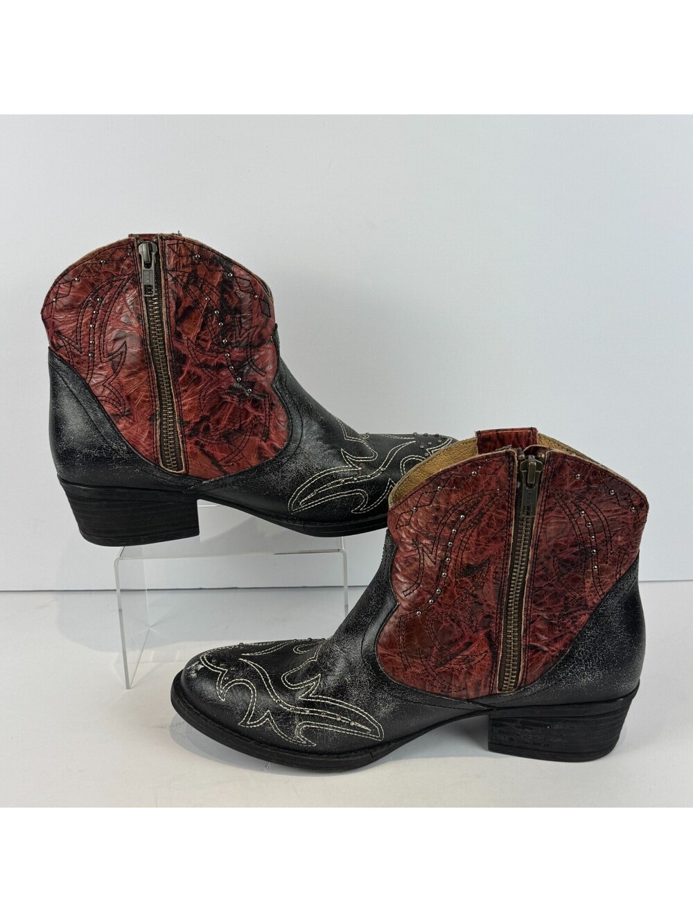Sterling River Boots Western Cowgirl Red Black Distressed Studded Womens Sz 10 M - Picture 3 of 11